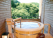 露天風呂付客室 ~丸いひのきのお風呂~
贅沢な木の香り漂う総ひのき造りのお風呂。ちょっと高い位置にお風呂が設置してあるので渓谷や山の緑がことさらお風呂に映えます。